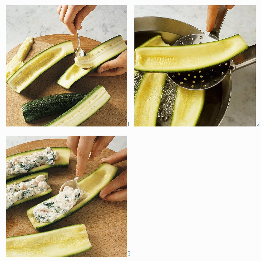Preparing courgettes stuffed with spinach and cheese