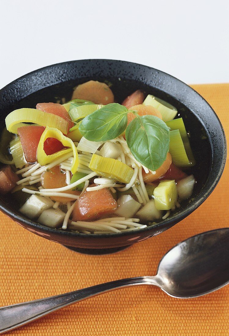 Vegetable soup with noodles and fresh basil