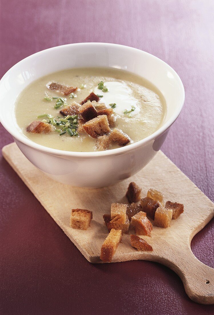 Cream of potato soup with croutons