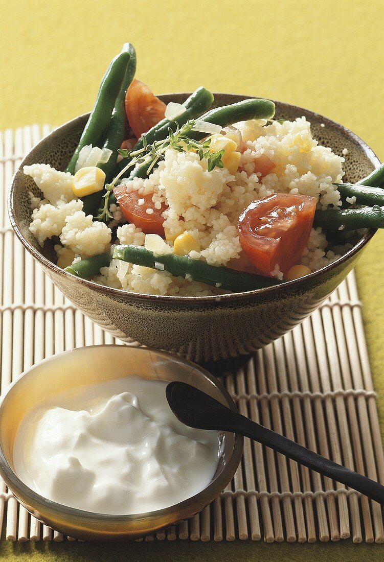 Couscous with green beans, tomatoes and yoghurt