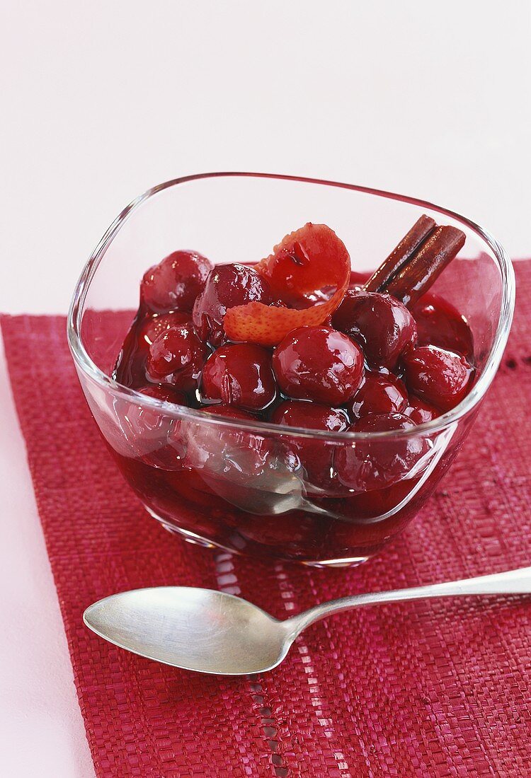 Sour cherry compote with cinnamon stick