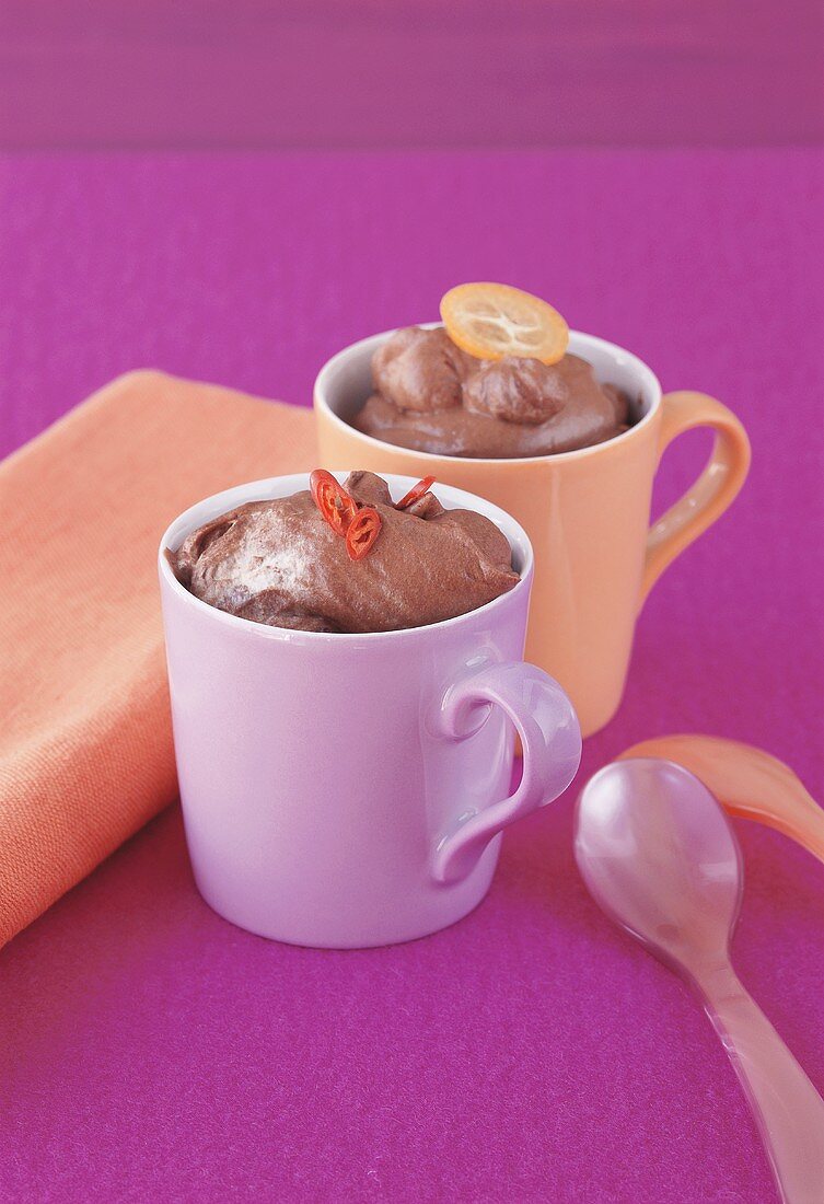 Chocolate mousse in coloured mugs