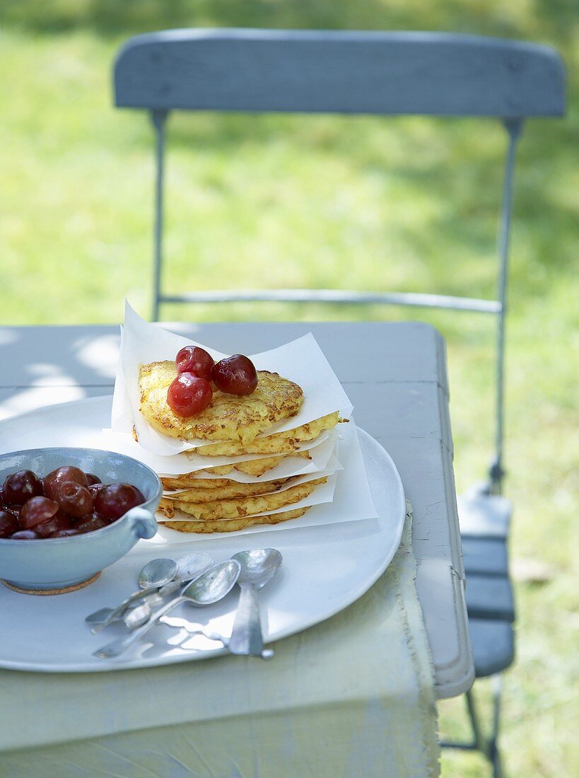 Pancakes with cherry compote