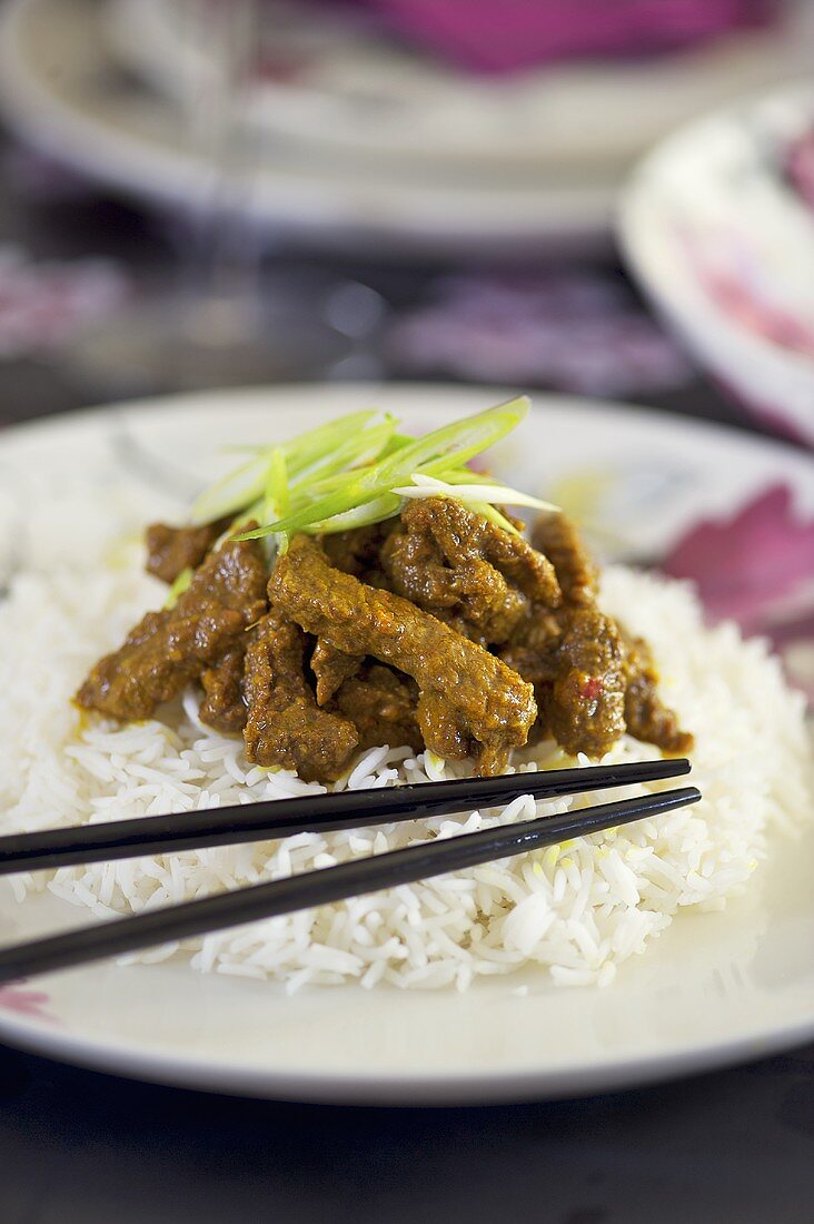 Rindfleisch mit Kurkuma auf Reis (Asien)