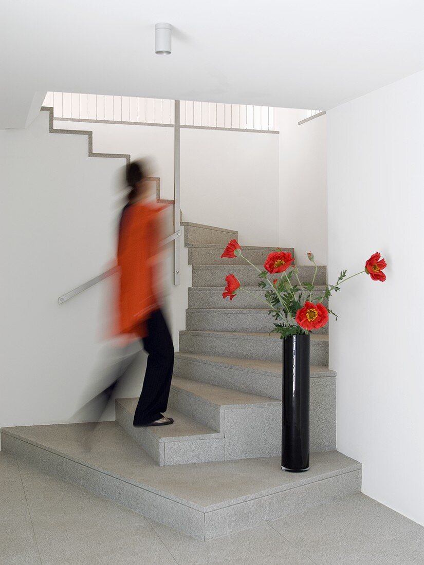 Woman walking up a modern, purist staircase and decorative poppies in black vase