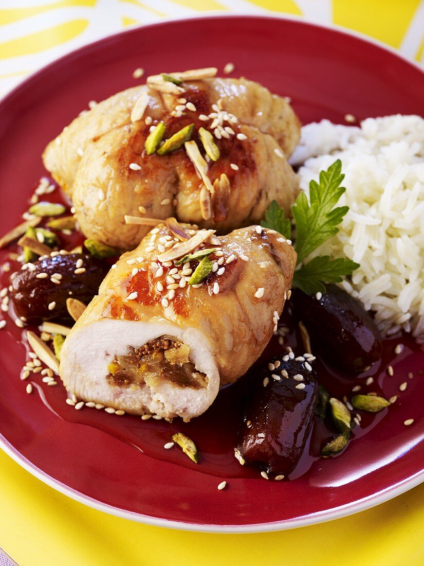 Chicken roulades with dried fruit filling and date sauce