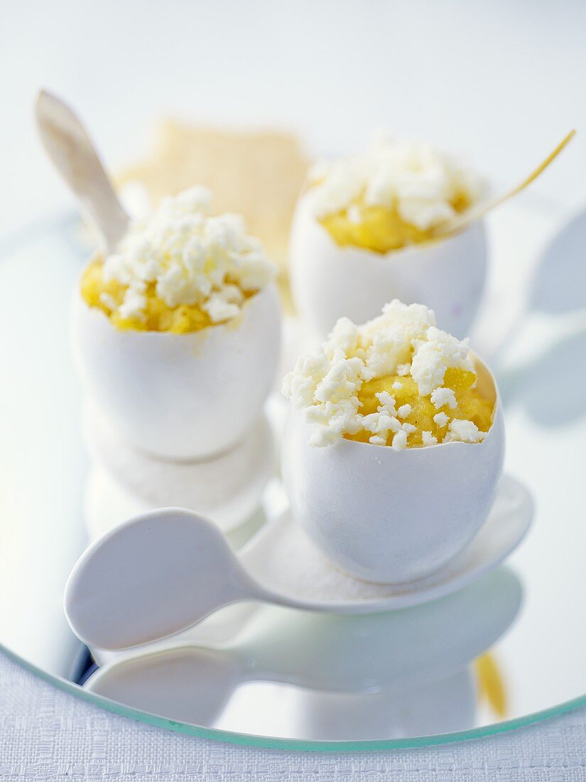 Soft-boiled eggs with sea urchin and feta cheese