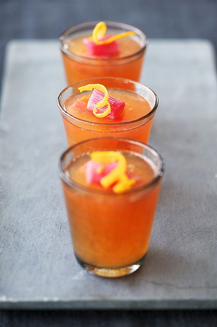 Three glasses of rhubarb and vodka jelly