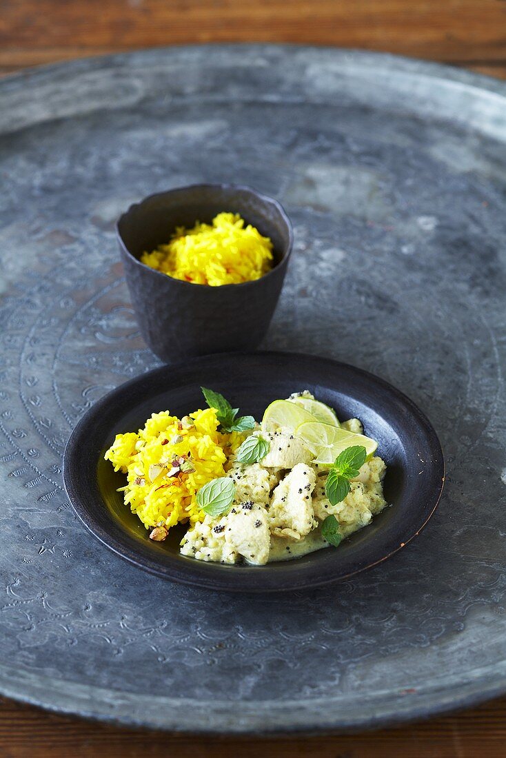 Spicy lime chicken with saffron rice and pistachios