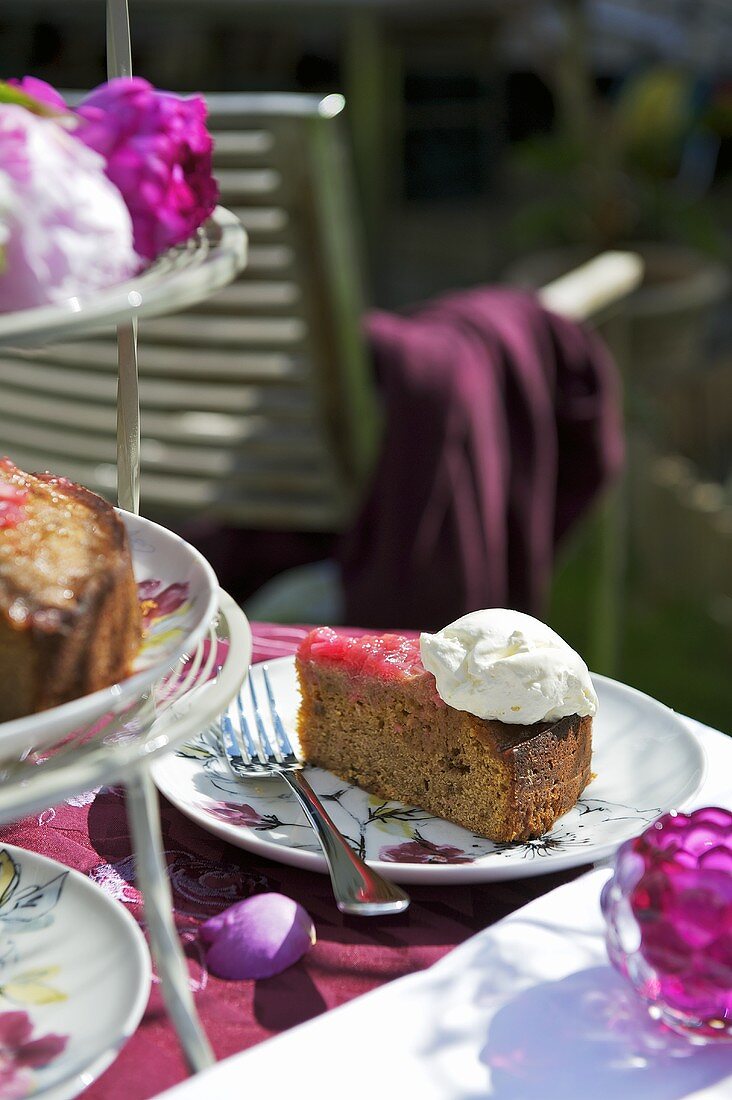 Piece of rhubarb cake on garden table