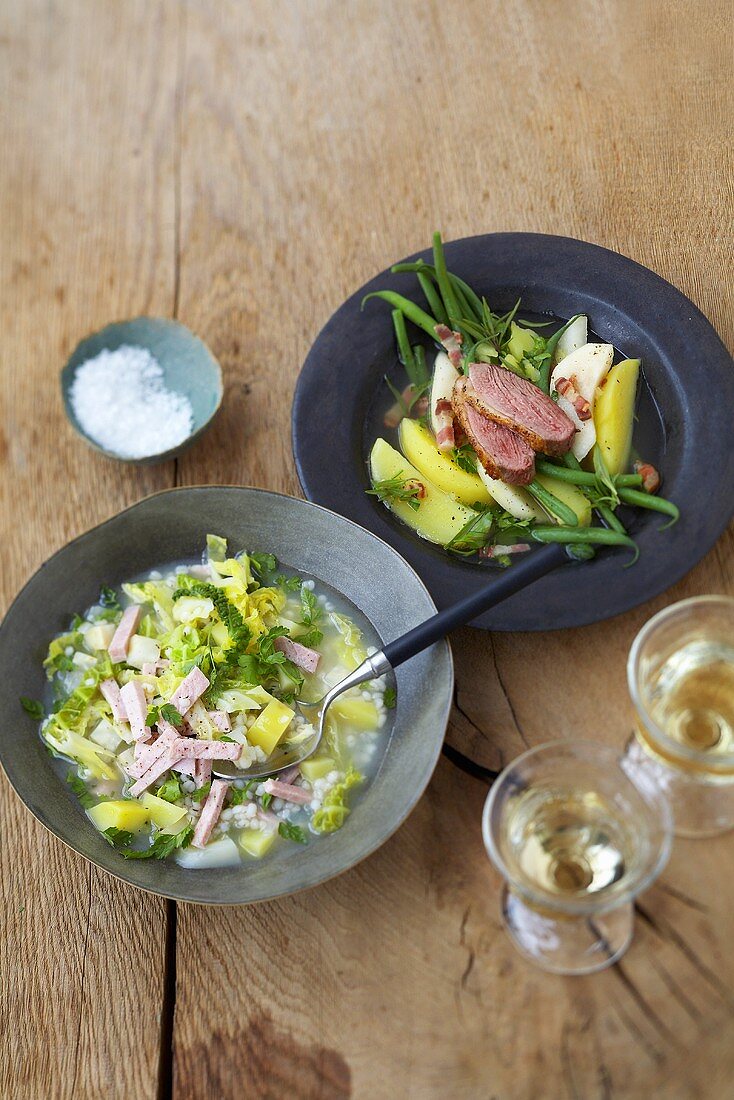 Pears and beans, bacon, savoy cabbage and barley stew