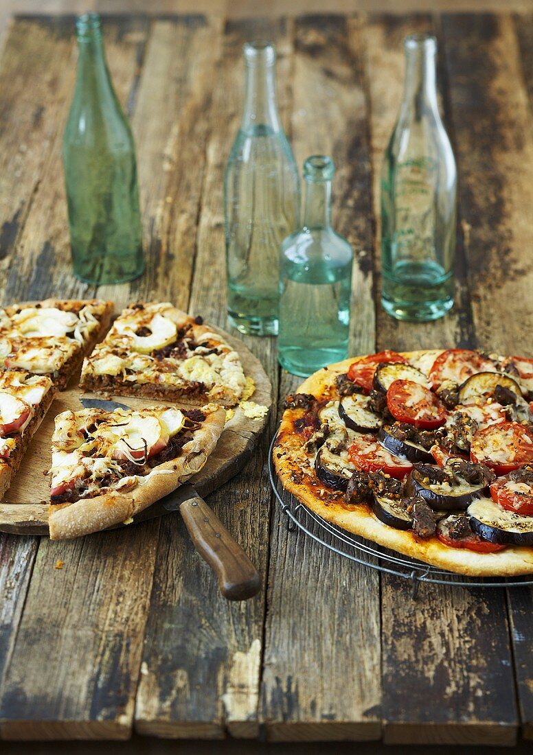 Apple and mince pizza and aubergine pizza