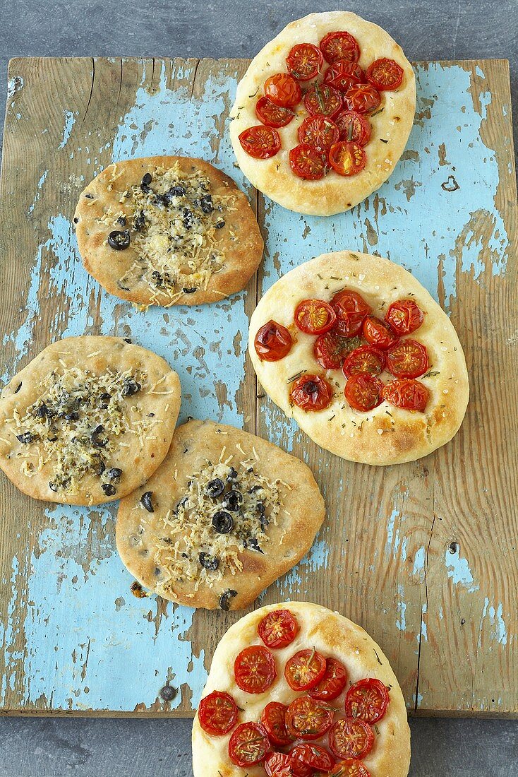 Olive flatbread and tomato flatbread