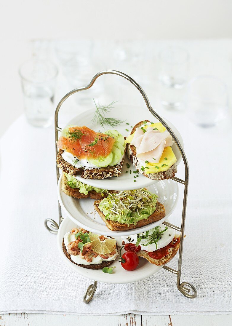 Open sandwiches on tiered stand