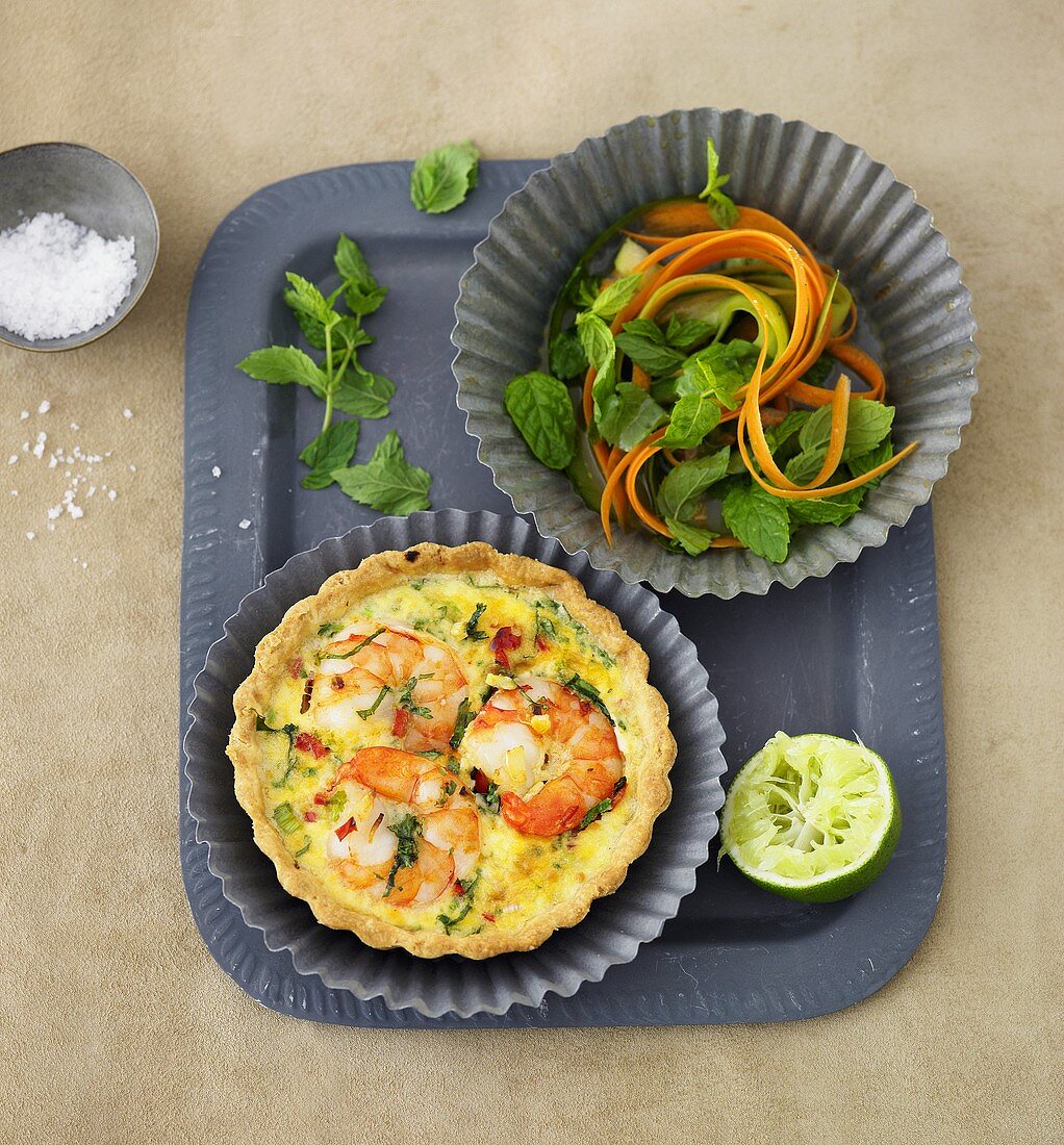 Prawn tart with cucumber and carrot salad