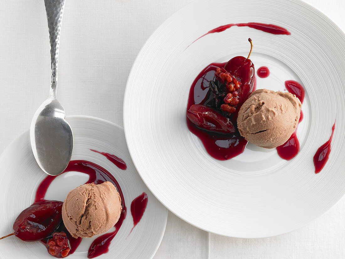 Chocolate and coriander ice cream with plum compote