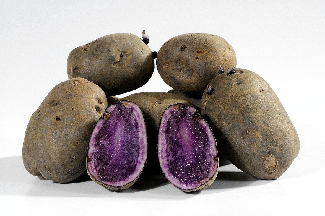 Blue potatoes (variety 'Blue Salad Potato'), whole and halved