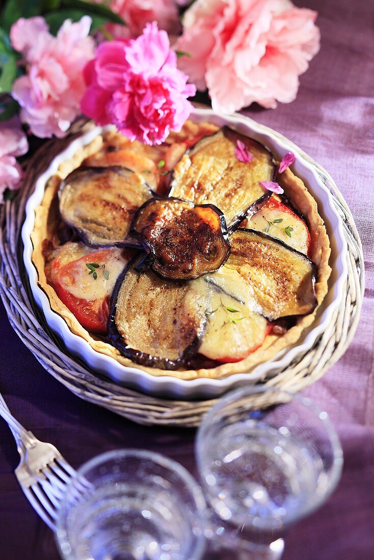 Aubergine tart in baking dish