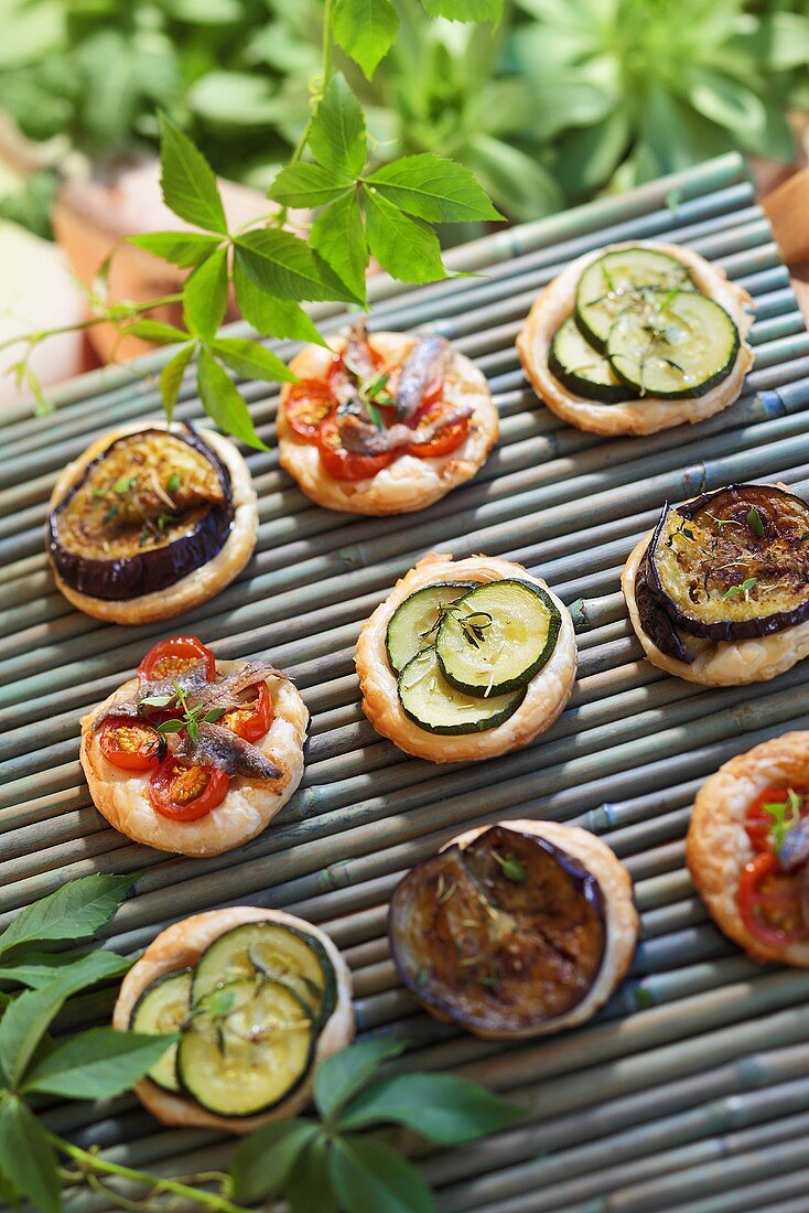 Assorted mini-pizzas topped with summer vegetables