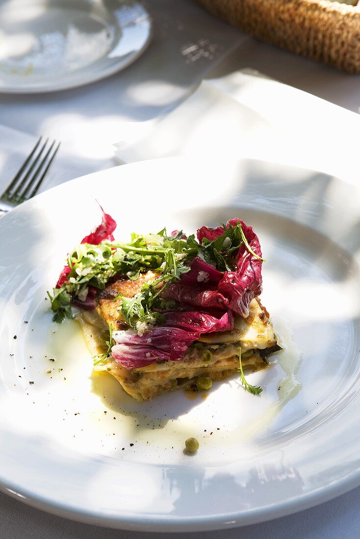 Vegetable lasagne with radicchio and rocket