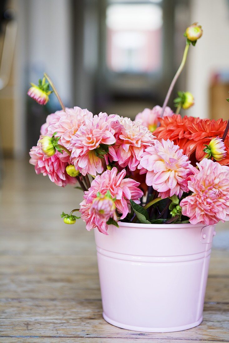 Summer flowers in metal bucket