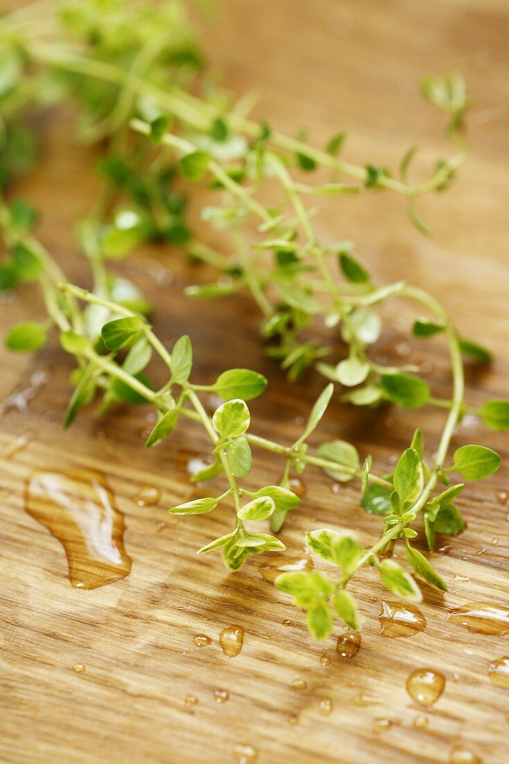 Fresh thyme on wooden background with drops of water