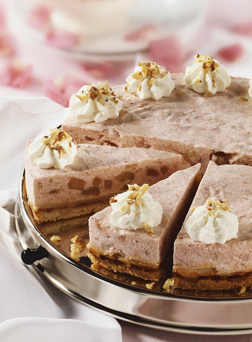 Rhubarb cake with blobs of cream