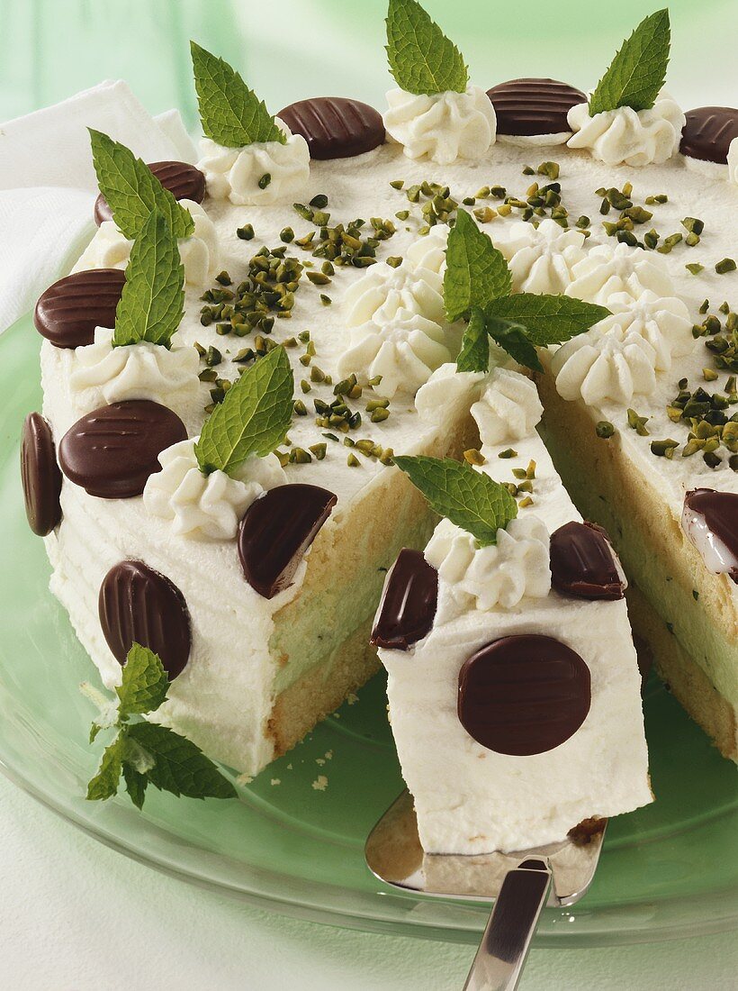 Peppermint cake with cream and chocolate peppermints