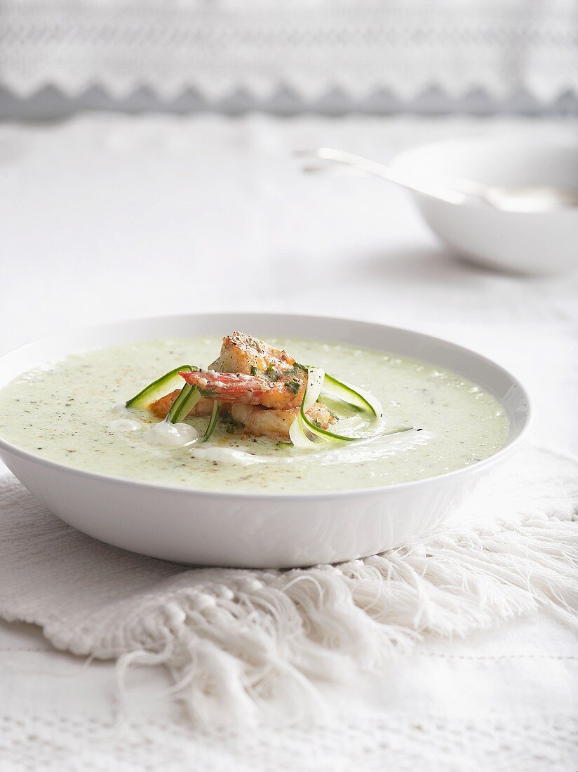 Cold cucumber soup with prawns and minted yoghurt