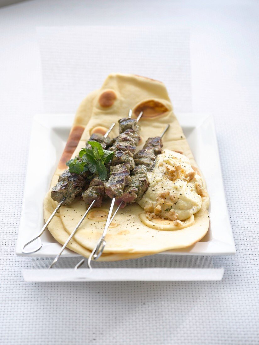 Beef kebabs with creamy parsnip puree