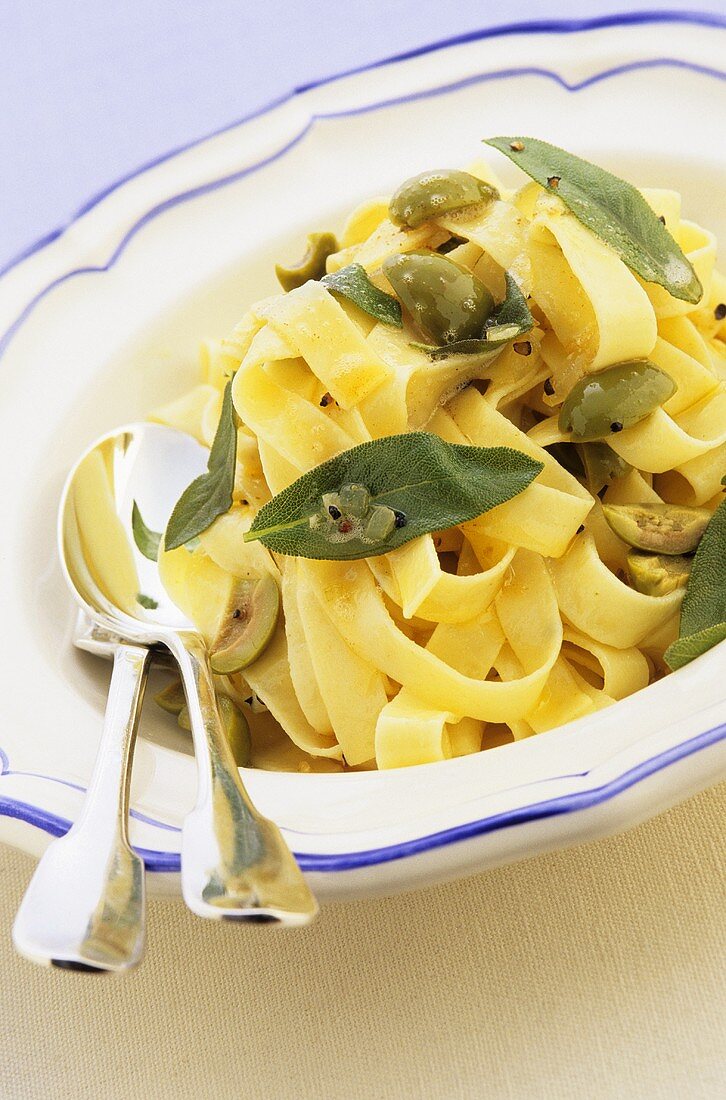 Ribbon pasta with olives and sage