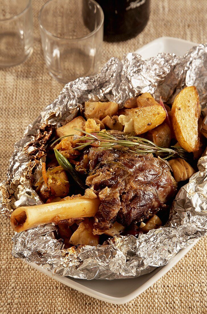 Kleftiko (Lamb shank cooked in foil with potatoes, Greece)