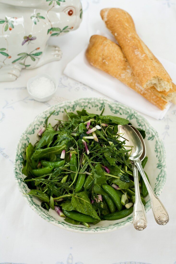 Green salad with sugar snap peas and baby spinach