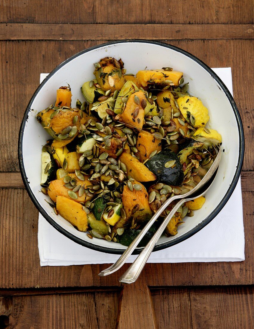Roasted winter squash with pumpkin seeds and thyme
