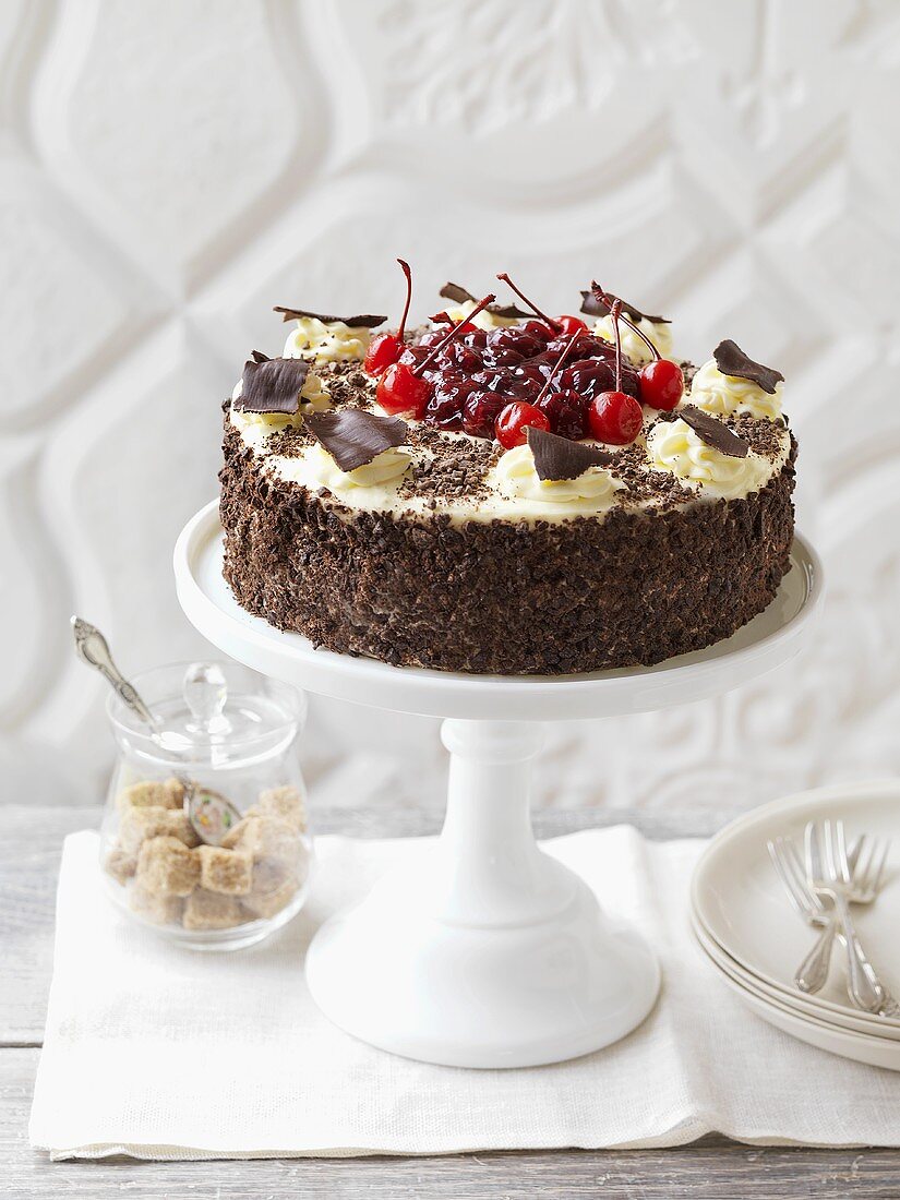 Black Forest gateau on cake stand
