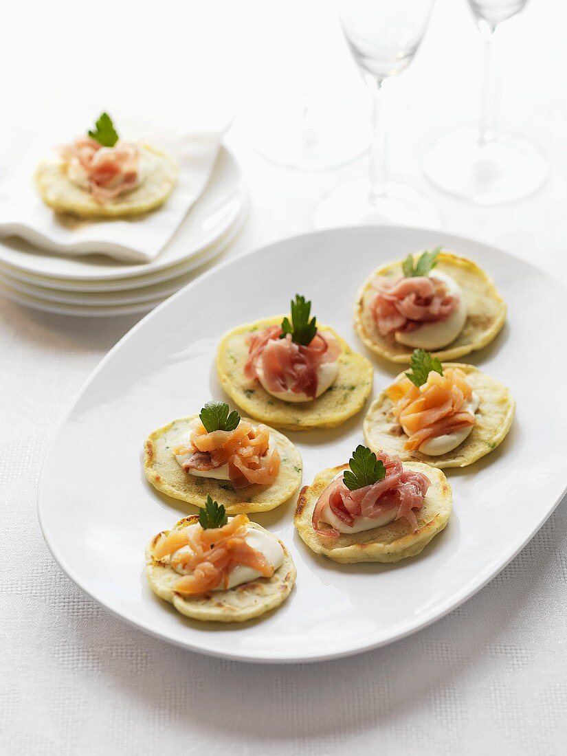Herb blinis with smoked salmon or prosciutto
