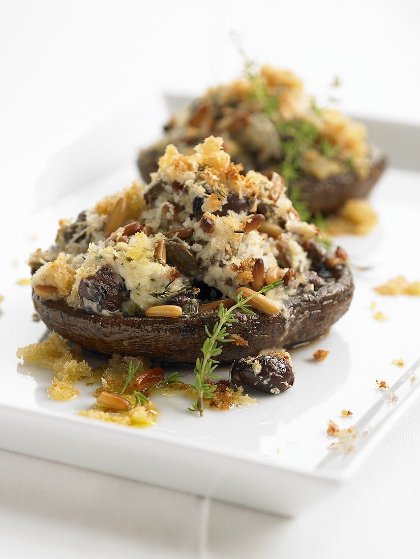 Large mushrooms with goat's cheese & pine nut stuffing & gratin topping