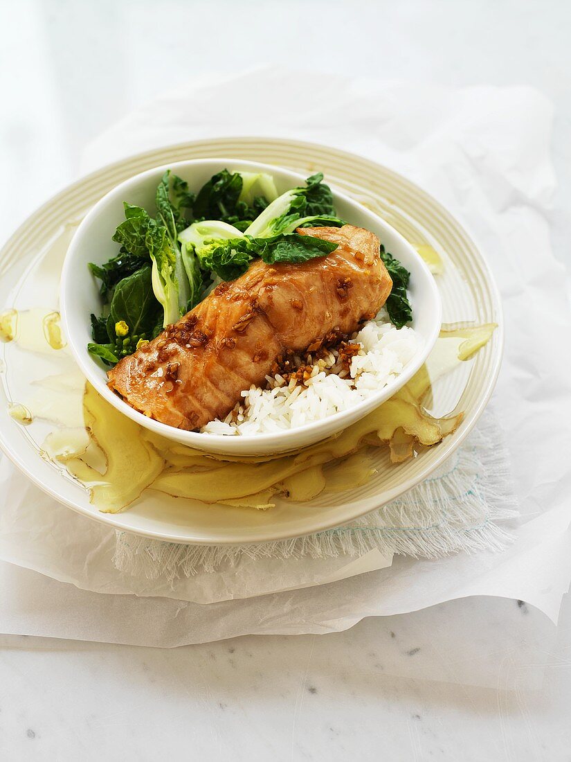 Grilled salmon with bok choy and rice