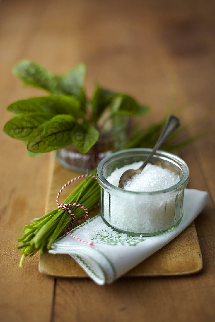 Coarse salt, chives and baby chard