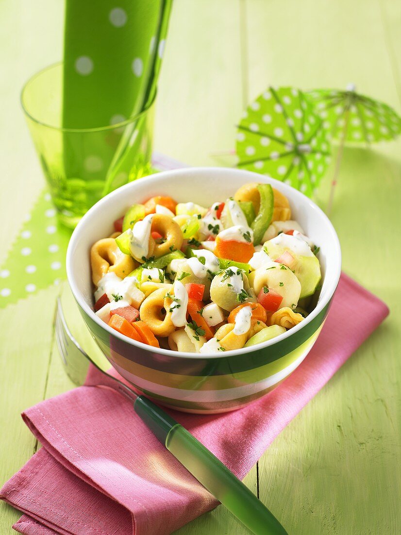 Colourful tortellini pasta salad