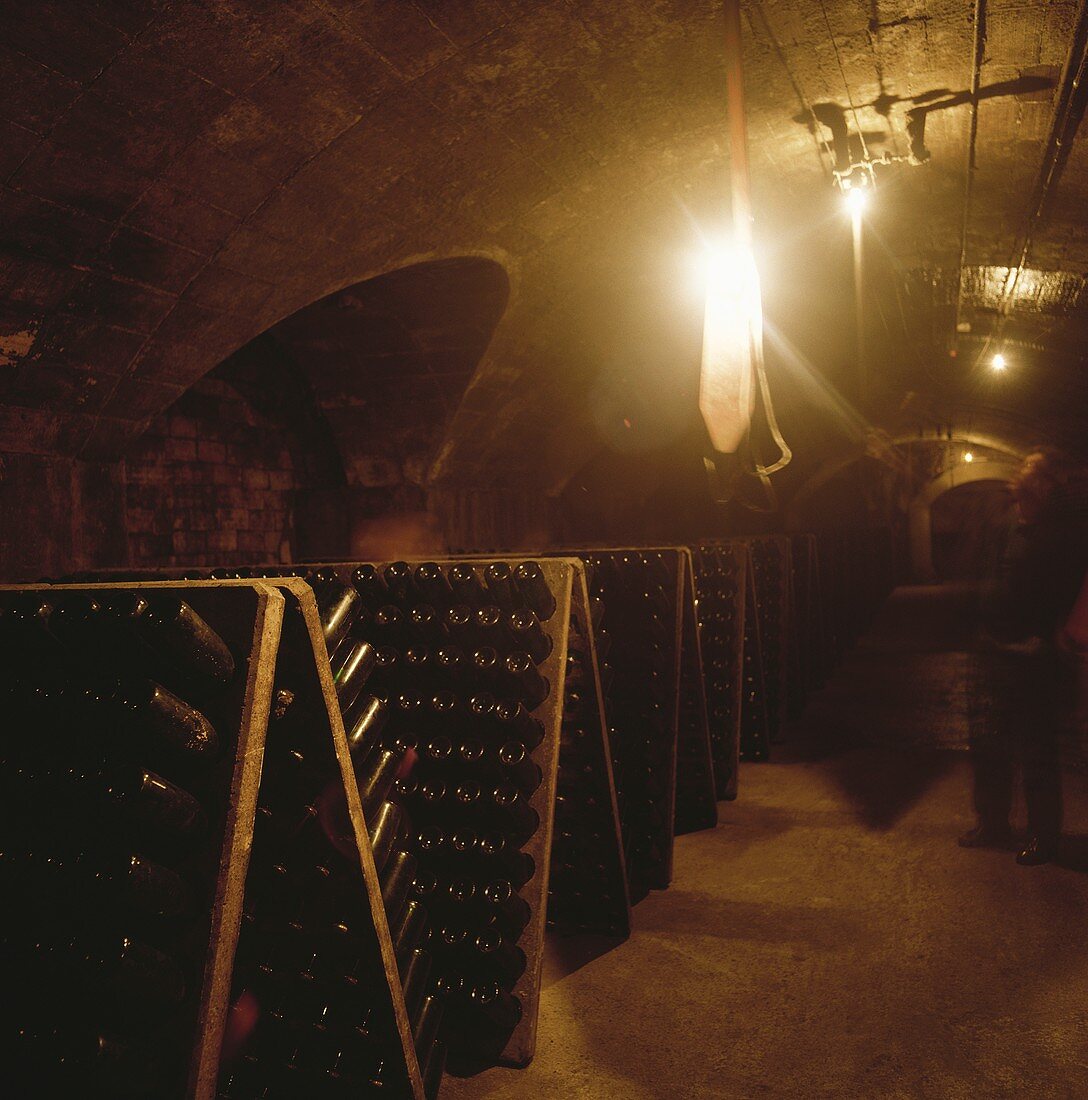 Several riddling racks in a wine cellar