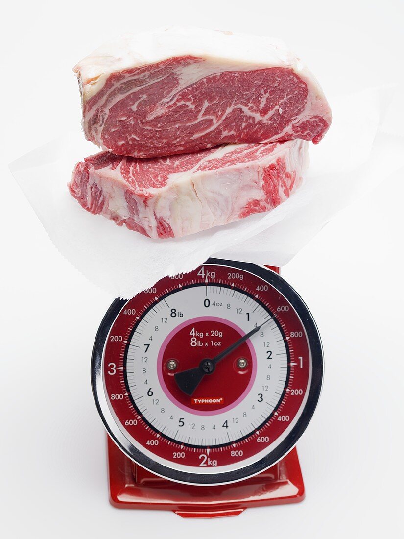 Beef steaks on kitchen scales