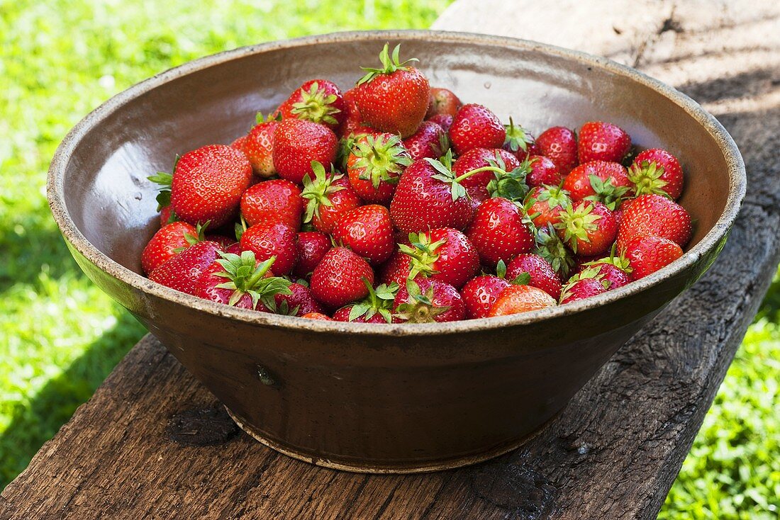 Viele Erdbeeren in Keramikschüssel