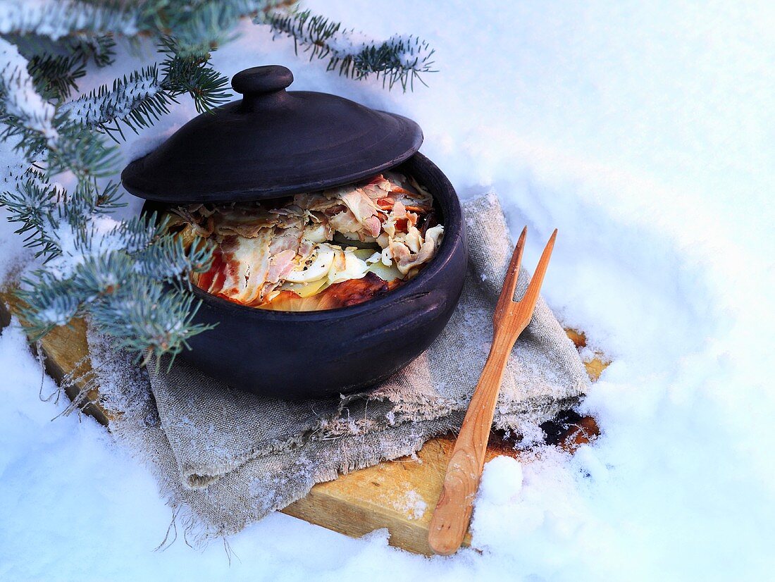 Potato, egg, cabbage and smoked ham casserole