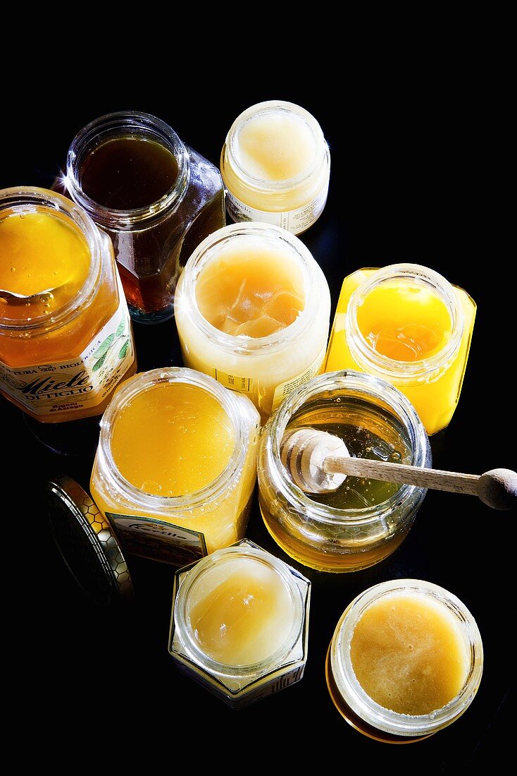 Jars of different honey