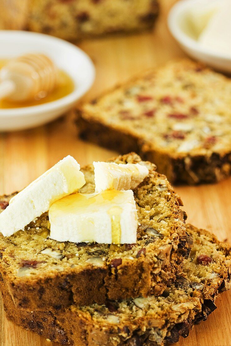 Cranberry nut bread with cheese and honey