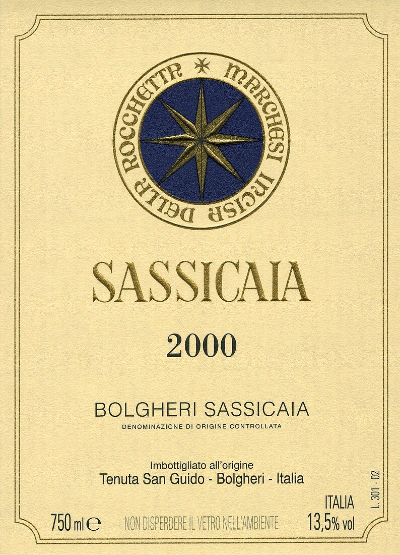 Sassicaia 2000 Weinetikett, Tenuta San Guido, Bolgheri, Toskana, Italien