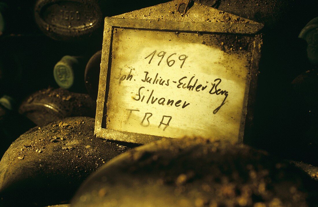 Old bocksbeutel bottles, Julius-Echter Berg Silvaner, Franconia, Germany