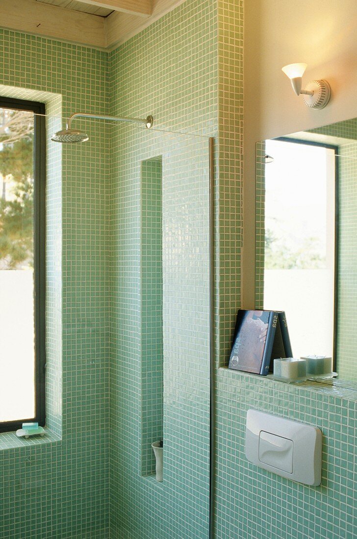 Glastrennwand einer Dusche mit Kopfbrause im lichtgrün gefliesten Badezimmer