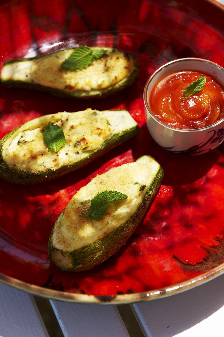 Stuffed avocados with cheese and tomato sauce